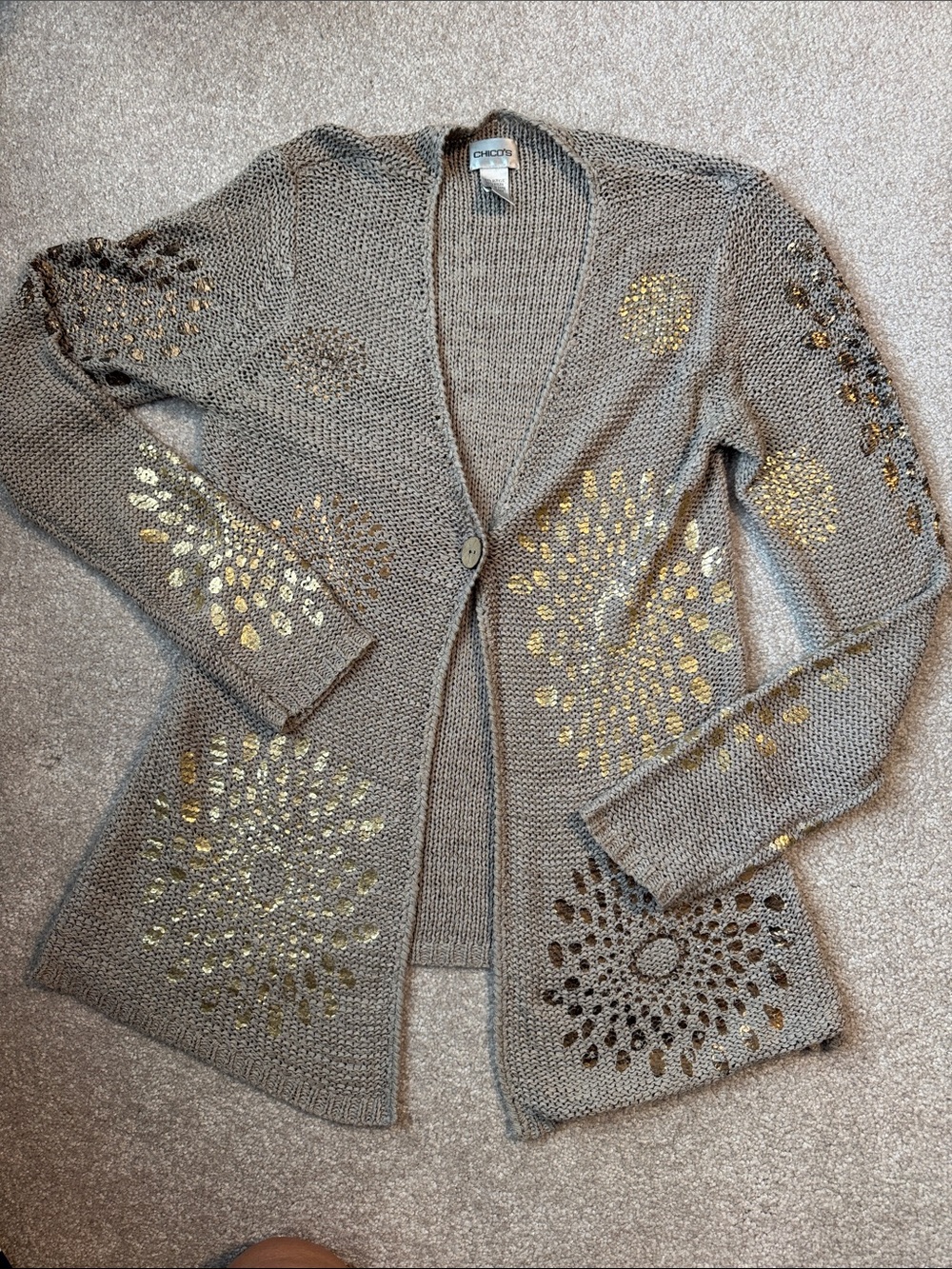 Chico's Taupe Open-Knit Cardigan with Gold Foil Accents